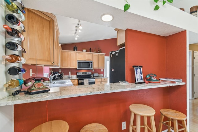 5908 Mohr Rd, Tampa, FL 33615 - kitchen featuring appliances with stainless steel finishes, vaulted ceiling, rail lighting, light brown cabinetry, and a peninsula