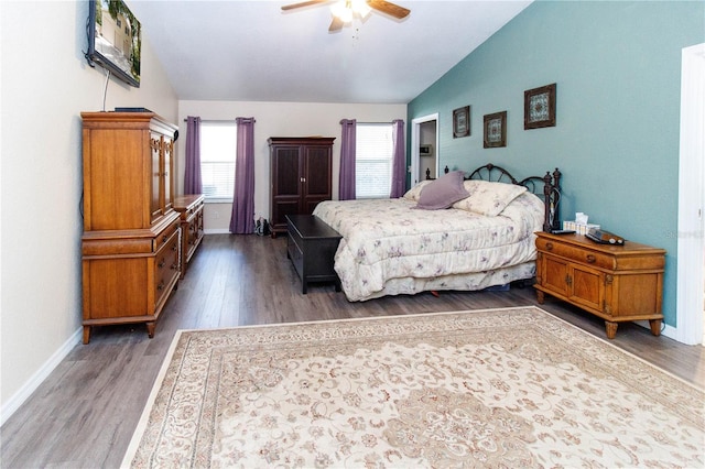 11945 Darwin Ave, New Port Richey, FL 34654 - bedroom featuring vaulted ceiling, wood finished floors, and a ceiling fan