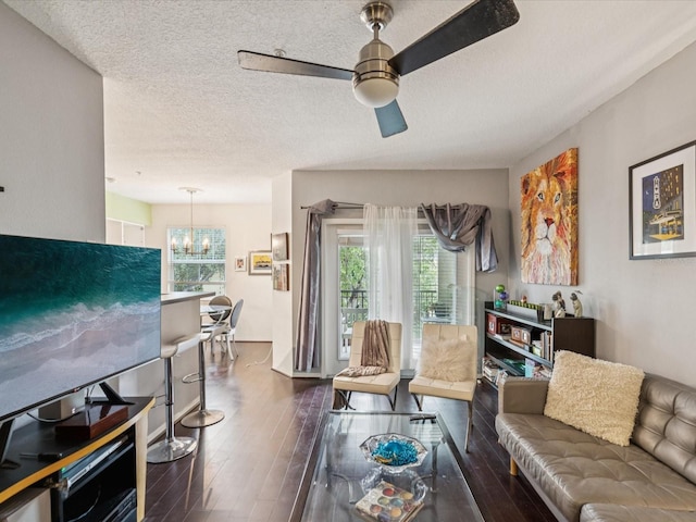 2010 E Palm Ave Unit 14303, Tampa, FL 33605 - living area featuring dark wood-type flooring, plenty of natural light, a chandelier, a ceiling fan, and a textured ceiling