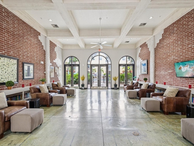 2010 E Palm Ave Unit 14303, Tampa, FL 33605 - community lobby with beam ceiling, brick wall, coffered ceiling, and a high ceiling