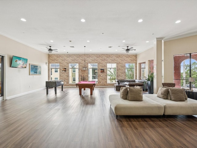 2010 E Palm Ave Unit 14303, Tampa, FL 33605 - game room featuring brick wall, billiards table, recessed lighting, wood finished floors, and ceiling fan