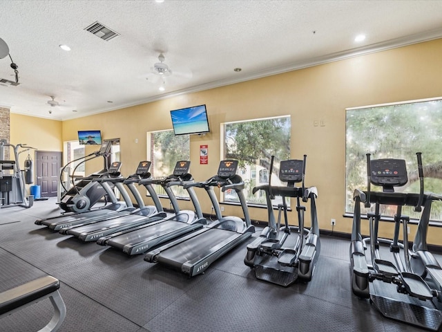 2010 E Palm Ave Unit 14303, Tampa, FL 33605 - workout area with crown molding, a ceiling fan, recessed lighting, and a textured ceiling