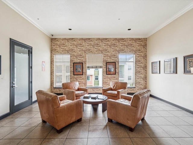 2010 E Palm Ave Unit 14303, Tampa, FL 33605 - living room with brick wall, light tile patterned flooring, and ornamental molding