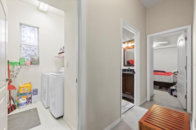 27826 Sora Blvd, Wesley Chapel, FL 33544 - laundry area featuring a ceiling fan and washing machine and clothes dryer