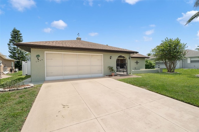 7022 Kingsway Dr, Port Richey, FL 34668 - ranch-style home with stucco siding, a front lawn, a garage, and concrete driveway