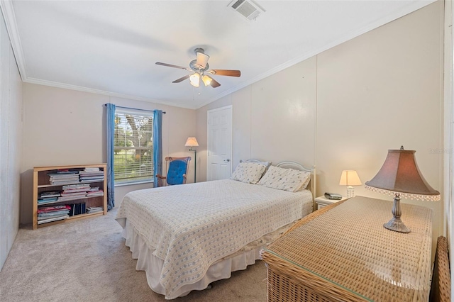 2221 W Lake Dr, Wimauma, FL 33598 - bedroom featuring light carpet, crown molding, and ceiling fan