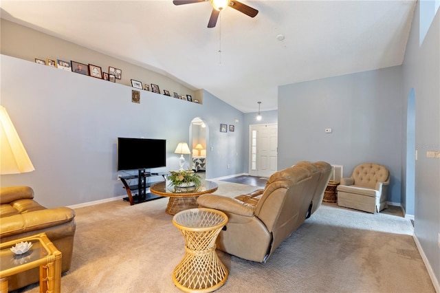 7804 Country Chase Ave, Lakeland, FL 33810 - living area featuring vaulted ceiling, carpet floors, and a ceiling fan