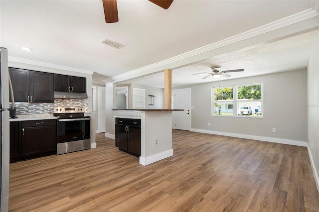 3509 Brookston Dr, Holiday, FL 34691 - kitchen featuring stainless steel range with electric cooktop, a ceiling fan, under cabinet range hood, decorative backsplash, and open floor plan