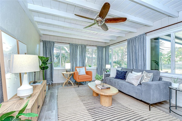2201 Horan Way S, Gulfport, FL 33707 - sunroom / solarium featuring wood finished floors, a ceiling fan, a wooden ceiling with exposed beams, and an outdoor living space
