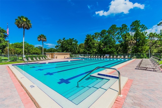 855 Pinewood Ter W, Palm Harbor, FL 34683 - community pool with view of wooded area and a patio area