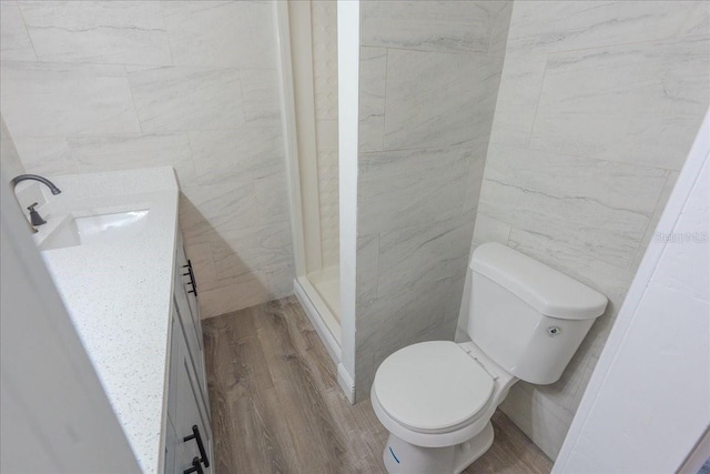 1400 E Fern Rd, Lakeland, FL 33801 - bathroom featuring wood finished floors, vanity, tile walls, and a shower stall