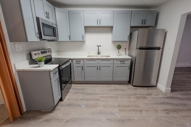 1400 E Fern Rd, Lakeland, FL 33801 - kitchen featuring appliances with stainless steel finishes, light wood-type flooring, light countertops, tasteful backsplash, and gray cabinets