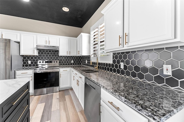 1291 Blackrush Dr, Tarpon Springs, FL 34689 - kitchen featuring stainless steel appliances, under cabinet range hood, white cabinets, and recessed lighting