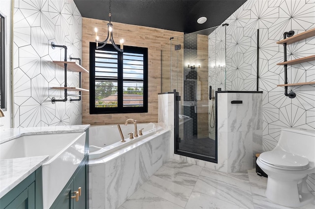 1291 Blackrush Dr, Tarpon Springs, FL 34689 - full bathroom featuring tile walls, a tub with jets, marble finish floors, a marble finish shower, and vanity
