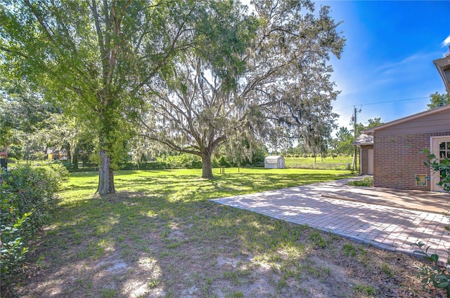 3125 S Miller Rd, Valrico, FL 33596 - view of grassy yard with a storage shed and a patio