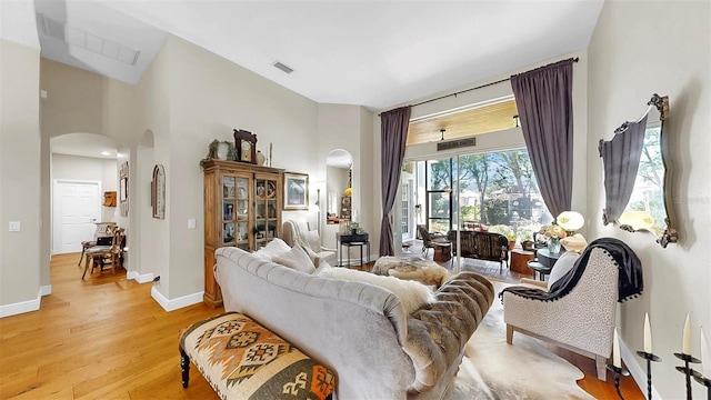 3506 Cordgrass Dr, Valrico, FL 33596 - living room with arched walkways, light wood-type flooring, and a towering ceiling
