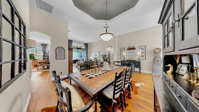 3506 Cordgrass Dr, Valrico, FL 33596 - dining space featuring arched walkways, light wood-style flooring, and a tray ceiling