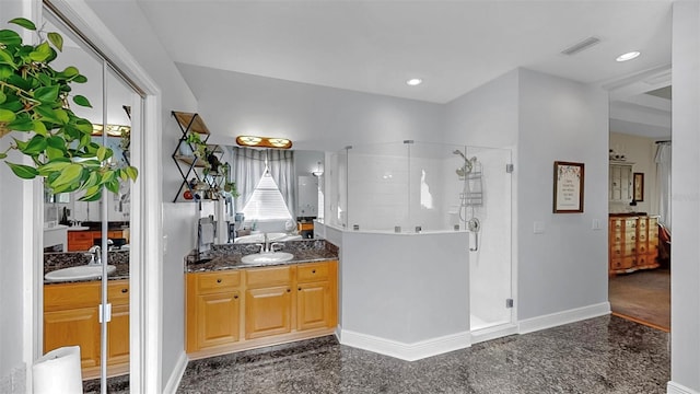 3506 Cordgrass Dr, Valrico, FL 33596 - full bath featuring granite tiled floors, a shower stall, vanity, and recessed lighting