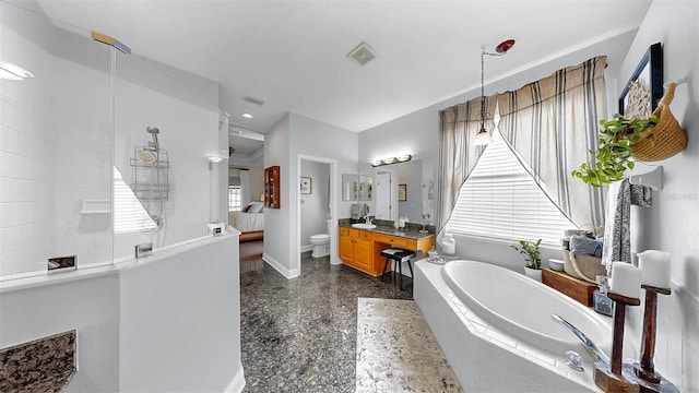3506 Cordgrass Dr, Valrico, FL 33596 - full bath featuring a bath, vanity, granite floors, a walk in shower, and recessed lighting
