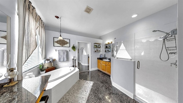 3506 Cordgrass Dr, Valrico, FL 33596 - full bath with a stall shower, vanity, a garden tub, and granite tiled floors