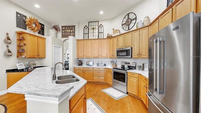 3506 Cordgrass Dr, Valrico, FL 33596 - kitchen featuring appliances with stainless steel finishes, open shelves, light wood-style flooring, an island with sink, and light stone counters