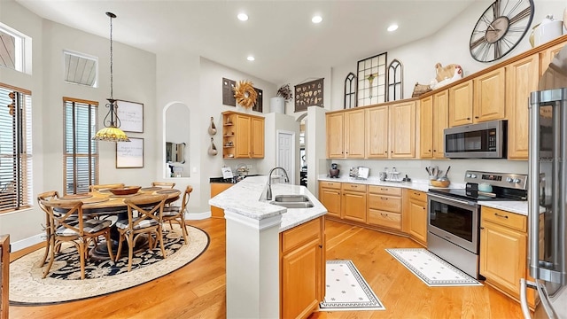 3506 Cordgrass Dr, Valrico, FL 33596 - kitchen with stainless steel appliances, arched walkways, light wood-style flooring, high vaulted ceiling, and a kitchen island with sink