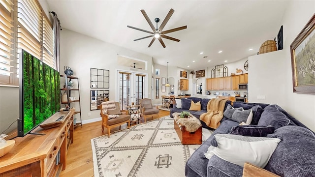 3506 Cordgrass Dr, Valrico, FL 33596 - living room with ceiling fan, light wood-style floors, french doors, and recessed lighting