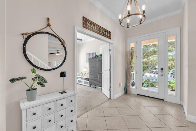 6207 Bleeker St, Riverview, FL 33578 - foyer entrance with crown molding, a chandelier, light carpet, light tile patterned floors, and ceiling fan