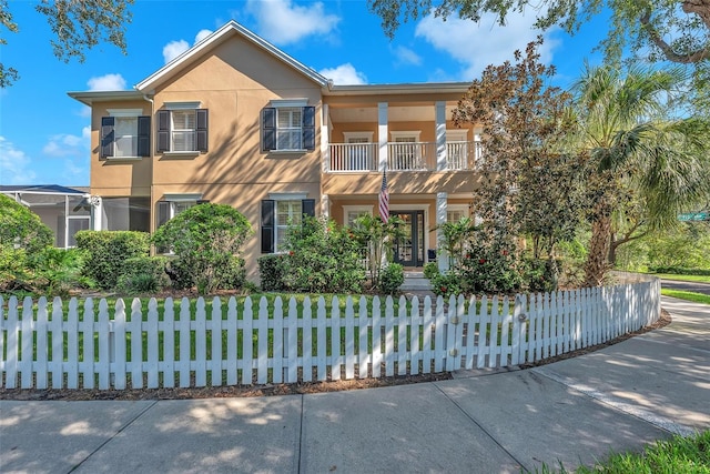 6207 Bleeker St, Riverview, FL 33578 - view of front facade with a balcony, stucco siding, and a fenced front yard