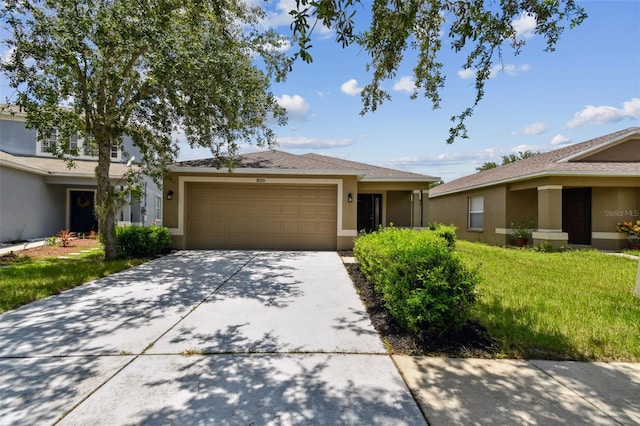 8020 Carriage Pointe Dr, Gibsonton, FL 33534 - ranch-style house with stucco siding, a garage, driveway, and a front yard