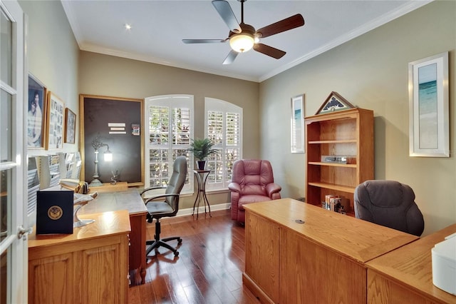 8704 Winsome Way, Land O Lakes, FL 34637 - office area featuring hardwood / wood-style floors, a ceiling fan, and ornamental molding