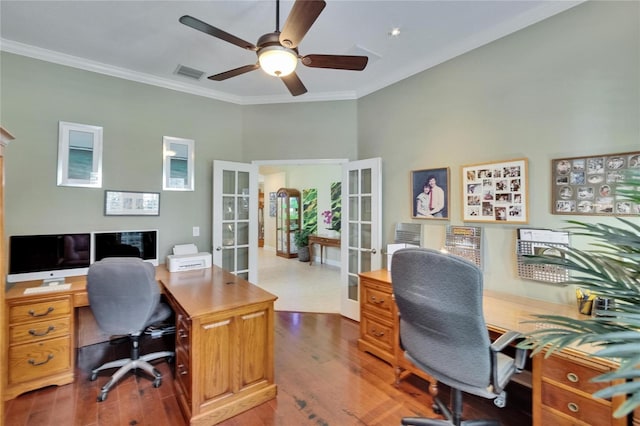8704 Winsome Way, Land O Lakes, FL 34637 - home office with french doors, crown molding, wood finished floors, and a ceiling fan