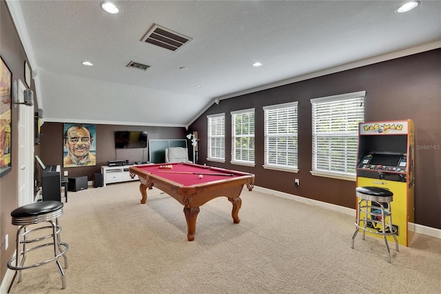8704 Winsome Way, Land O Lakes, FL 34637 - playroom with vaulted ceiling, carpet, billiards, recessed lighting, and a textured ceiling