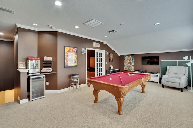 8704 Winsome Way, Land O Lakes, FL 34637 - game room featuring wine cooler, billiards, ornamental molding, carpet flooring, and recessed lighting