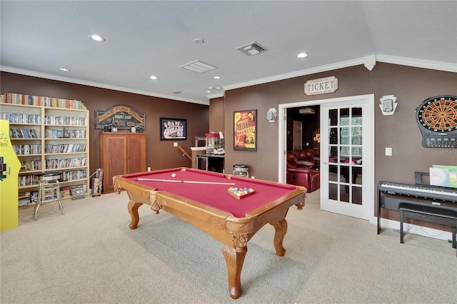 8704 Winsome Way, Land O Lakes, FL 34637 - recreation room with carpet flooring, french doors, crown molding, pool table, and recessed lighting