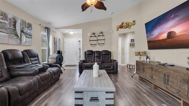 7120 Forest Mere Dr, Riverview, FL 33578 - living room featuring a ceiling fan, lofted ceiling, and wood finished floors