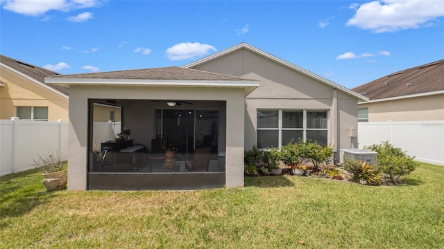 7120 Forest Mere Dr, Riverview, FL 33578 - rear view of house featuring ceiling fan, stucco siding, and a sunroom