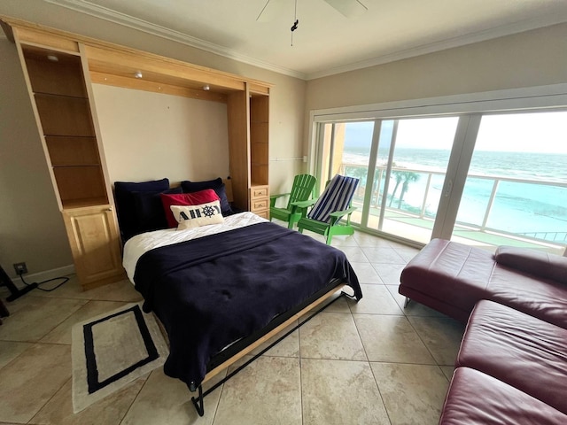 880 Mandalay Ave Unit N311, Clearwater Beach, FL 33767 - bedroom with access to outside, ornamental molding, light tile patterned flooring, a water view, and ceiling fan