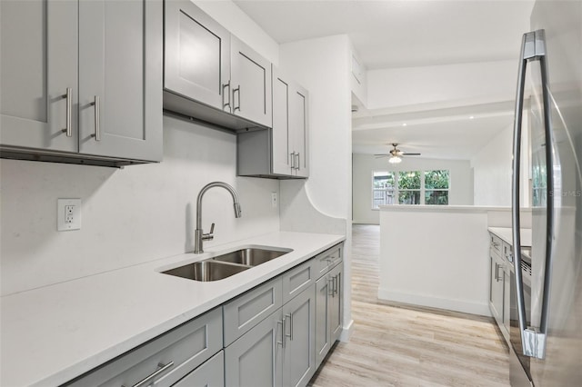 607 E River Dr, Temple Terrace, FL 33617 - kitchen featuring refrigerator, gray cabinets, a ceiling fan, light wood-style flooring, and light countertops