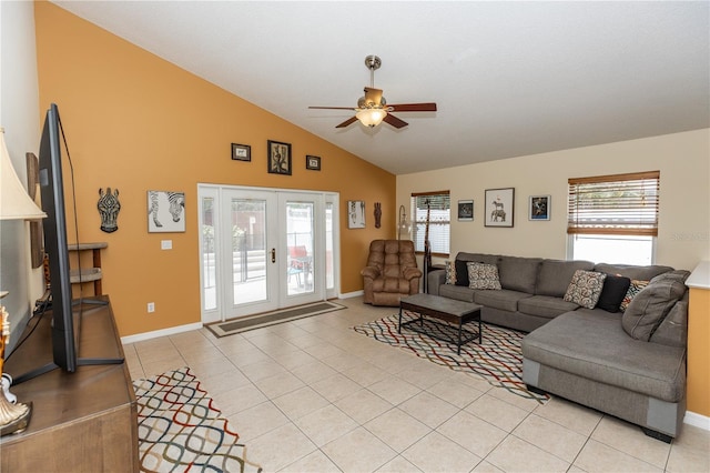 643 Blenheim Loop, Winter Springs, FL 32708 - living room with ceiling fan, light tile patterned floors, french doors, and high vaulted ceiling