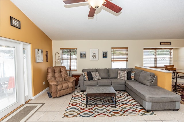643 Blenheim Loop, Winter Springs, FL 32708 - living area with vaulted ceiling, light tile patterned floors, and ceiling fan
