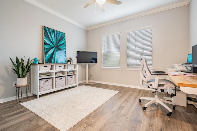 6879 Talamore Dr, Wesley Chapel, FL 33545 - home office featuring ornamental molding, a ceiling fan, and wood finished floors