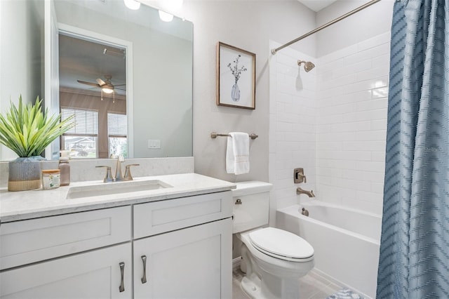 6879 Talamore Dr, Wesley Chapel, FL 33545 - full bath featuring vanity, shower / bath combination with curtain, a ceiling fan, and tile patterned floors