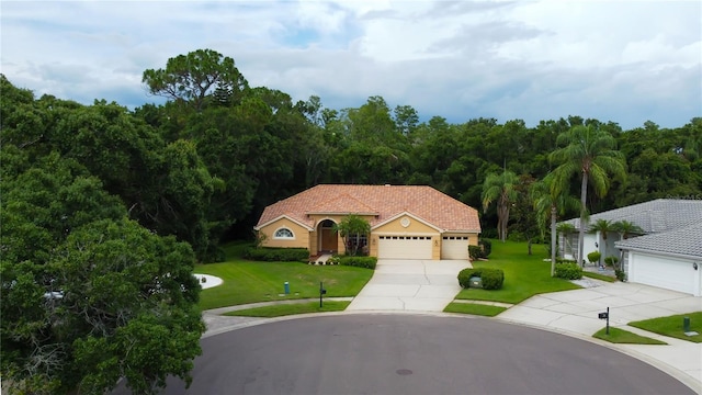 1827 Foxboro Ct, Oldsmar, FL 34677 - view of front of home with concrete driveway, a front yard, an attached garage, and a wooded view