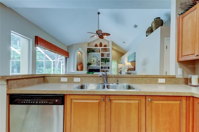 1827 Foxboro Ct, Oldsmar, FL 34677 - kitchen with stainless steel dishwasher, light countertops, vaulted ceiling, and ceiling fan