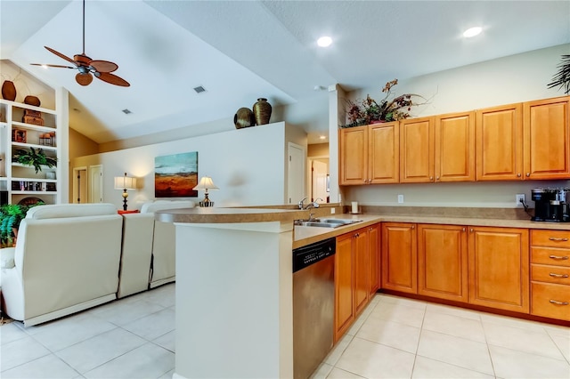1827 Foxboro Ct, Oldsmar, FL 34677 - kitchen with stainless steel dishwasher, lofted ceiling, light tile patterned floors, ceiling fan, and a peninsula