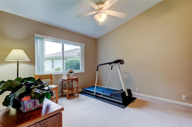 1827 Foxboro Ct, Oldsmar, FL 34677 - workout area featuring carpet floors, ceiling fan, and vaulted ceiling