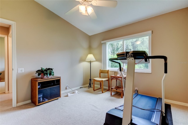 1827 Foxboro Ct, Oldsmar, FL 34677 - exercise room featuring carpet, a ceiling fan, and lofted ceiling