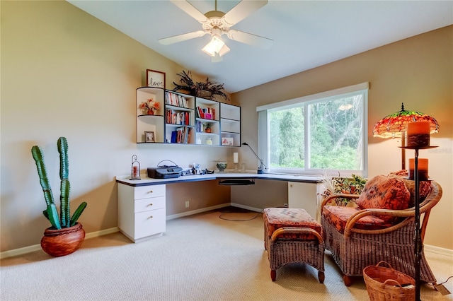 1827 Foxboro Ct, Oldsmar, FL 34677 - office area with built in study area, a ceiling fan, light colored carpet, and vaulted ceiling