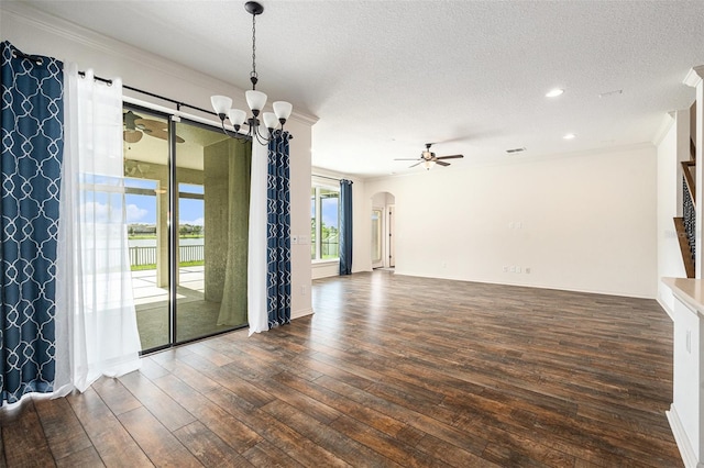 19209 Long Lake Ranch Blvd, Lutz, FL 33558 - empty room featuring arched walkways, crown molding, hardwood / wood-style floors, a ceiling fan, and a chandelier